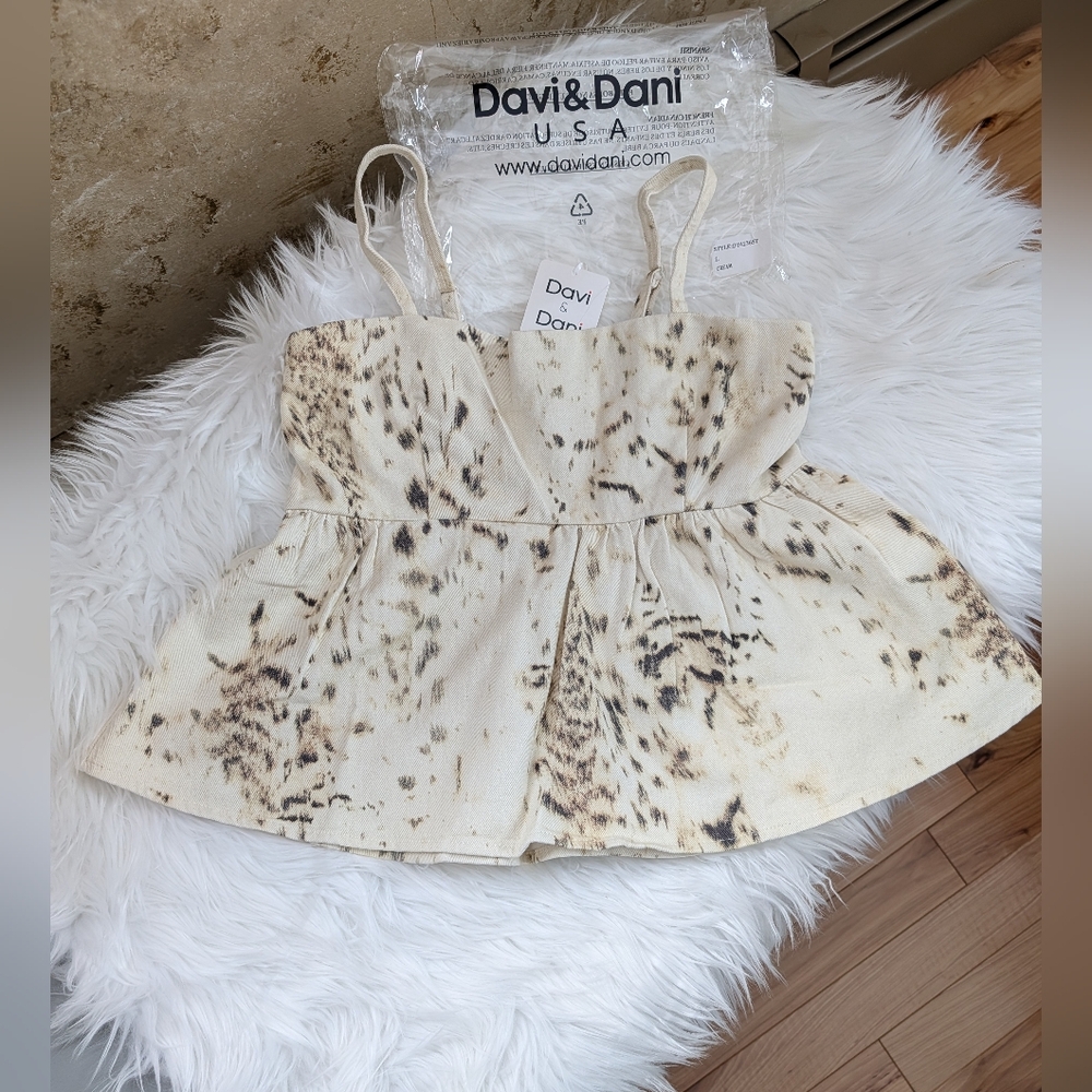 Davi & Dani Spotted Peplum Denim Top in Cream & Brown Super Soft Material New - Picture 5 of 16